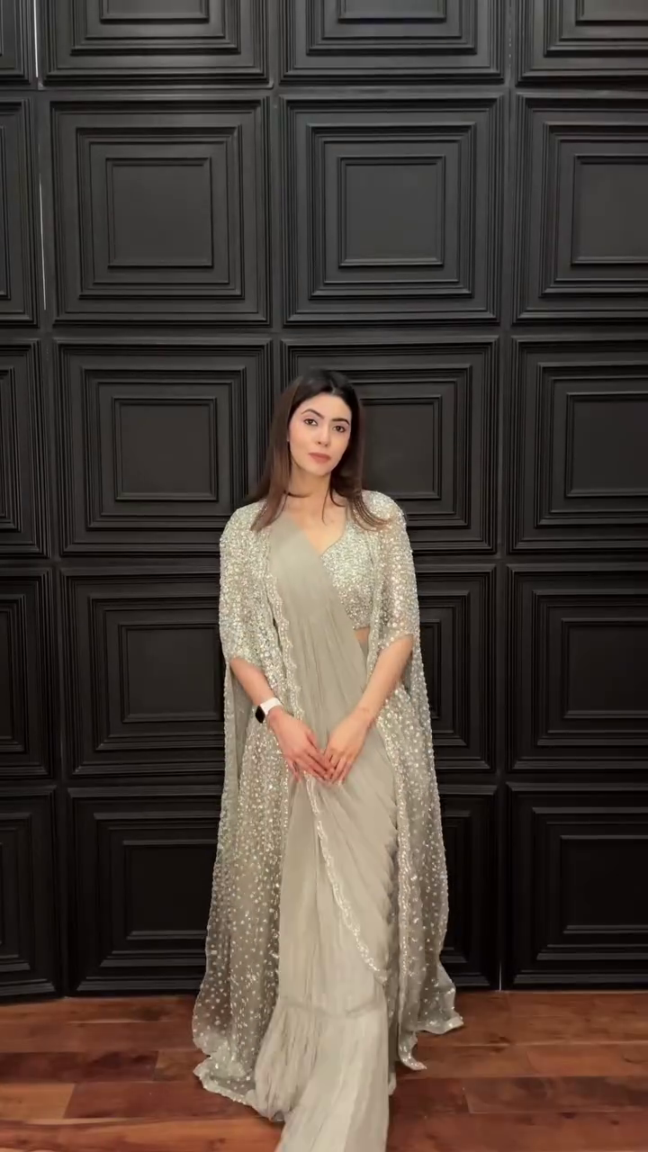 ✨ Moonlit Sparkle Sequins Cape Saree Set – Ethereal Glamour for the Modern Diva ✨