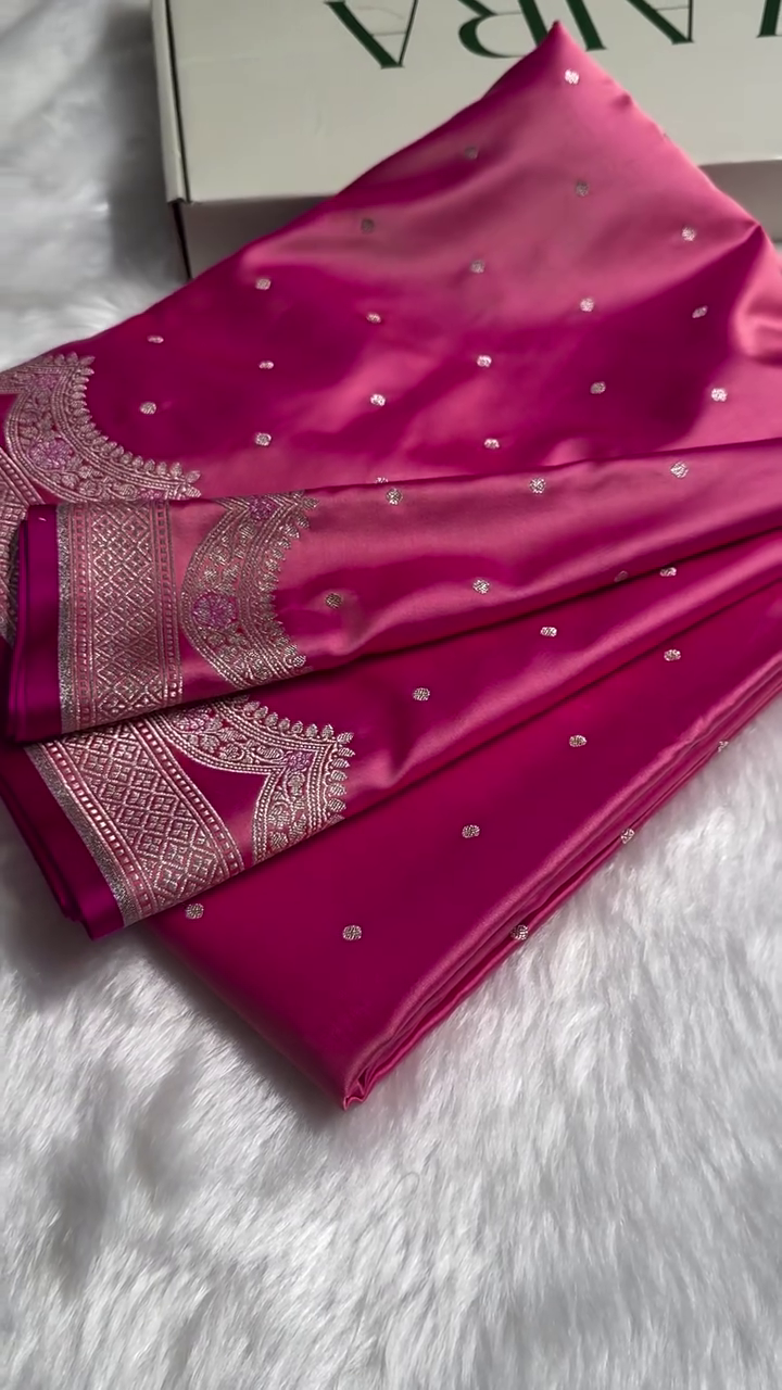 “Rani Pink Satin Silk Suit Fabric with Silver Zari Border & Sparkle Buttis | Premium Festive & Wedding Wear (Multiple Designs, Colours & Sizes XXS–XXL)”