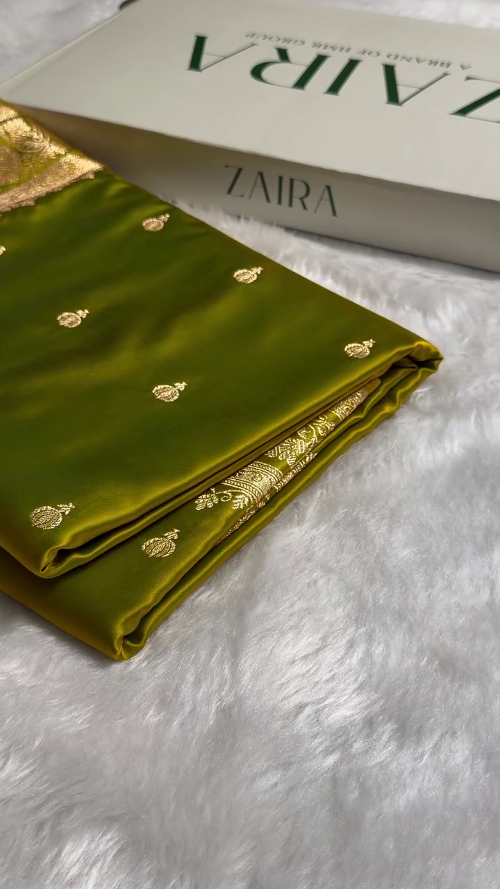 “Olive Green Satin Silk Suit Fabric with Gold Zari Buttis & Royal Border | Premium Festive & Wedding Collection (Multiple Designs, Colours & Sizes XXS–XXL)”