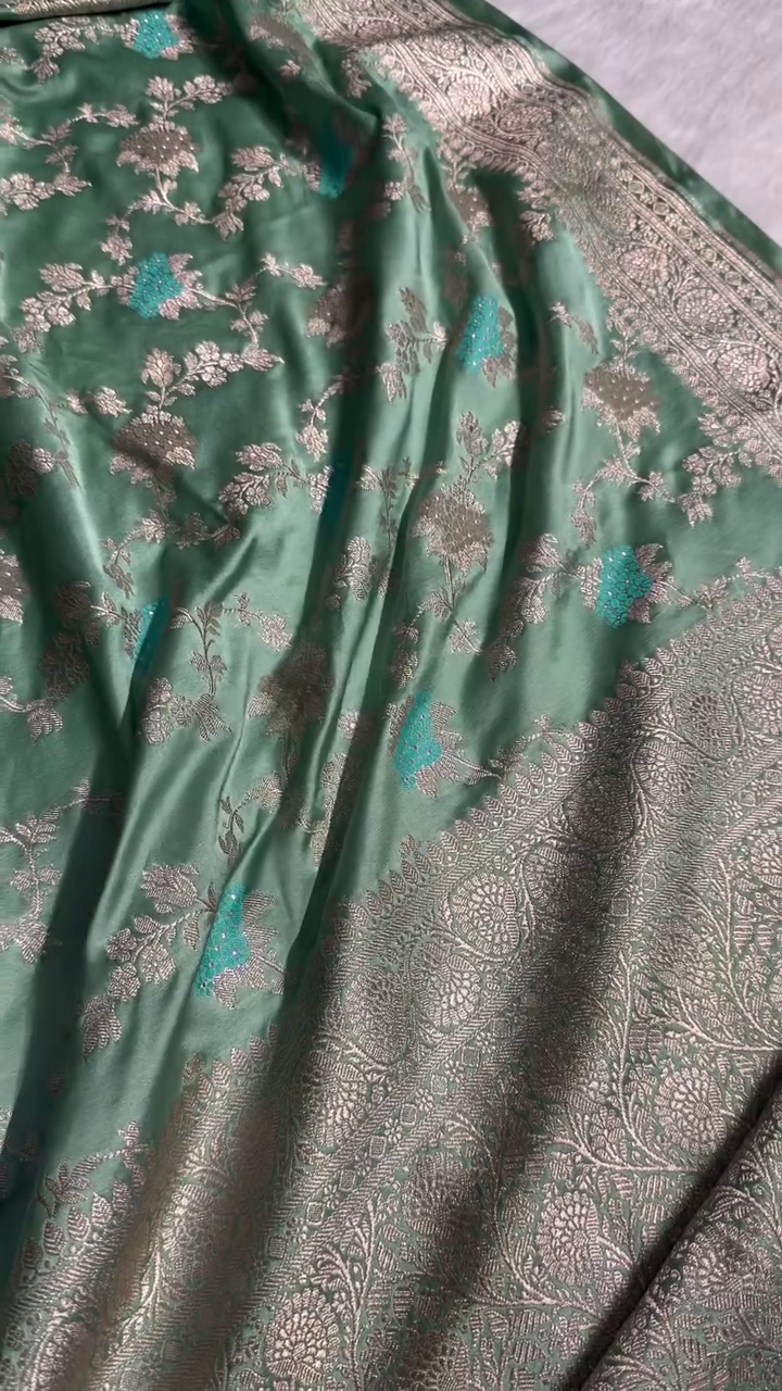“Mint Green Banarasi Silk Suit Fabric with Silver-Gold Zari Weave | Royal Festive Collection | Multiple Designs & Sizes XXS–XXL”