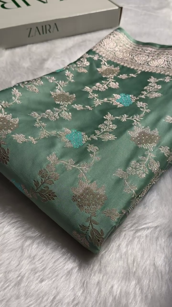 “Mint Green Banarasi Silk Suit Fabric with Silver-Gold Zari Weave | Royal Festive Collection | Multiple Designs & Sizes XXS–XXL”