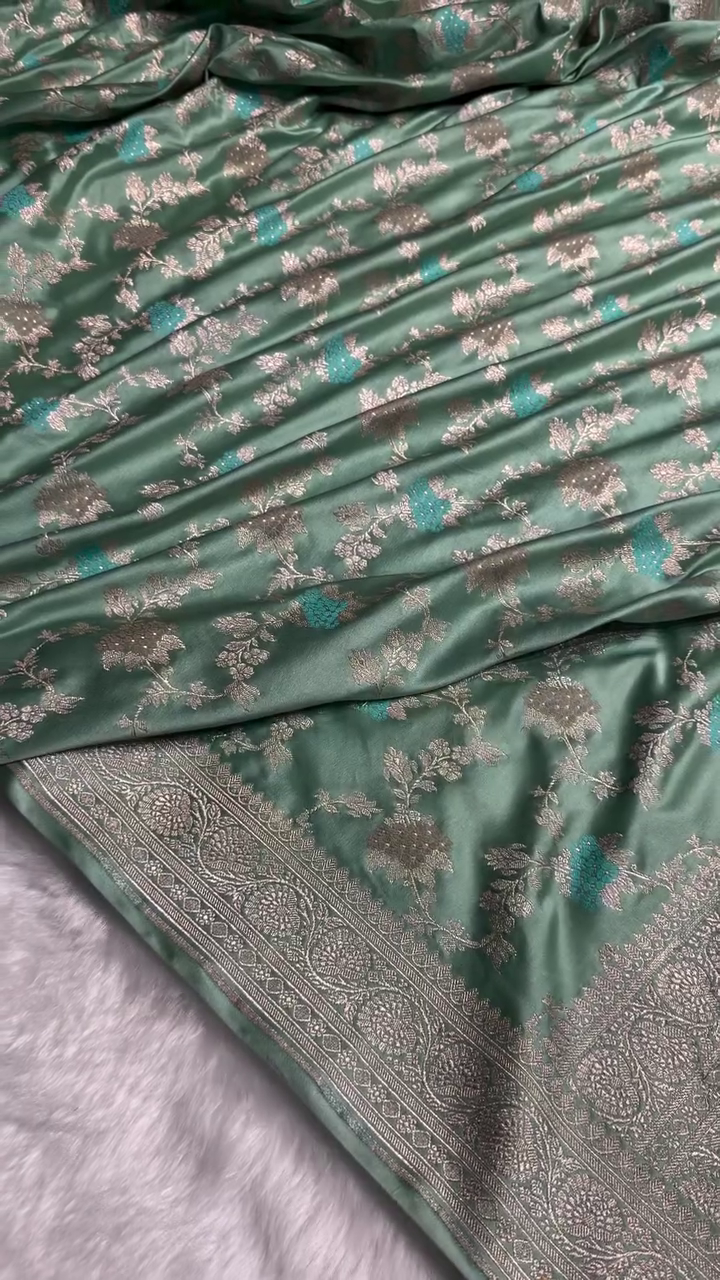 “Mint Green Banarasi Silk Suit Fabric with Silver-Gold Zari Weave | Royal Festive Collection | Multiple Designs & Sizes XXS–XXL”
