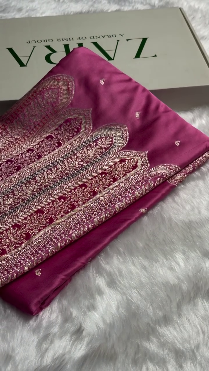 “Magenta Pink Premium Banarasi Silk Suit Fabric with Intricate Zari Meenakari Border | Festive & Wedding Collection | Multiple Colours & Sizes XXS–XXL”