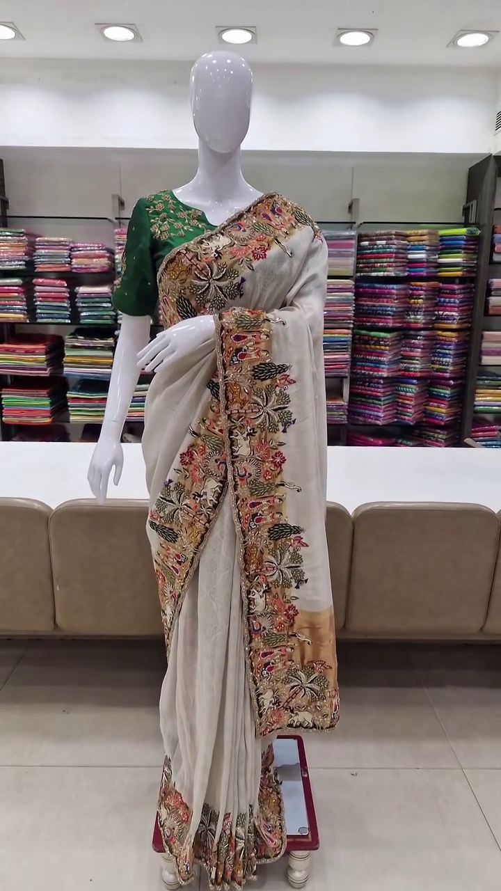 “Royal Ivory Embroidered Saree Set | Handcrafted Multicolor Zari Work | Premium Festive & Wedding Collection | Multiple Designs, Colours & Sizes XXS–XXL”