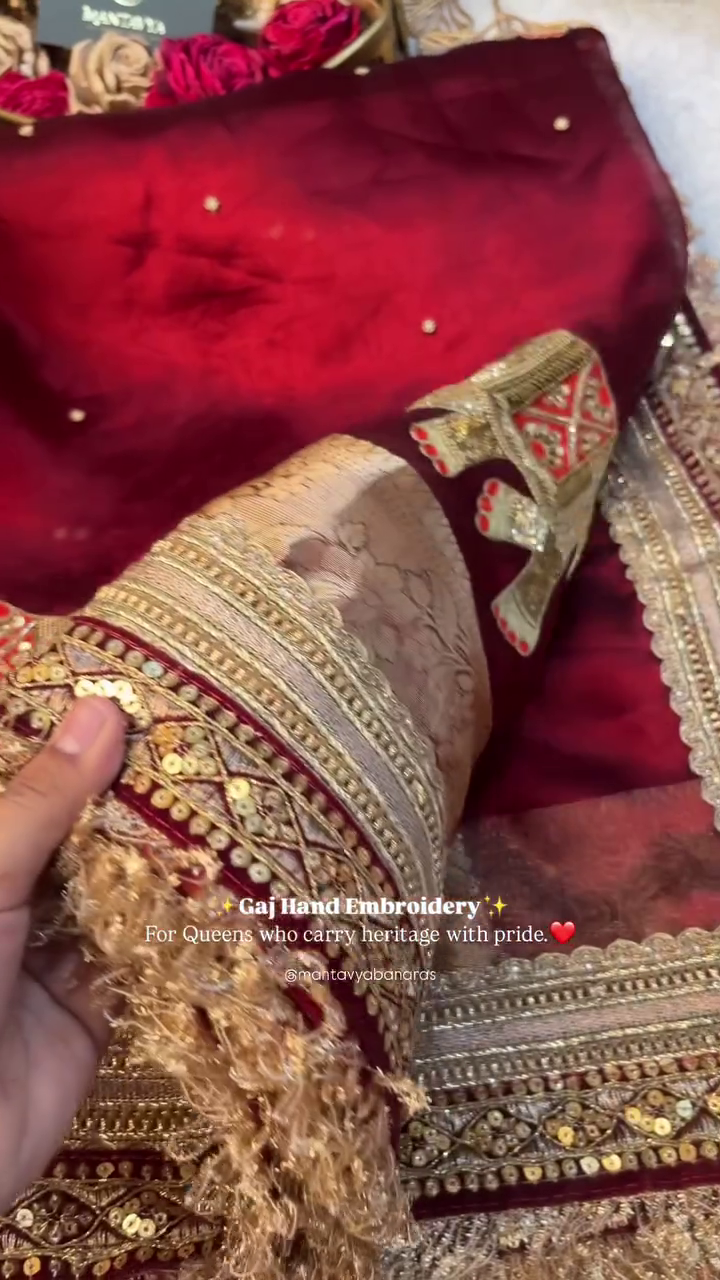 “Majestic Maroon Gaj Hand-Embroidered Saree | Royal Bridal & Festive Heritage Collection | Premium Zari Work | Multiple Designs & Sizes XXS–XXL”
