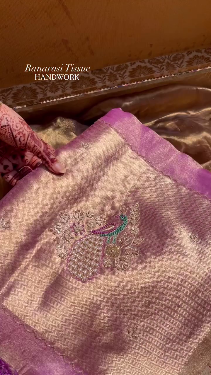 “Royal Orchid Banarasi Tissue Saree ✨ | Handwork Luxury Collection • Lightweight & Elegant • Sizes XXS–XXL”