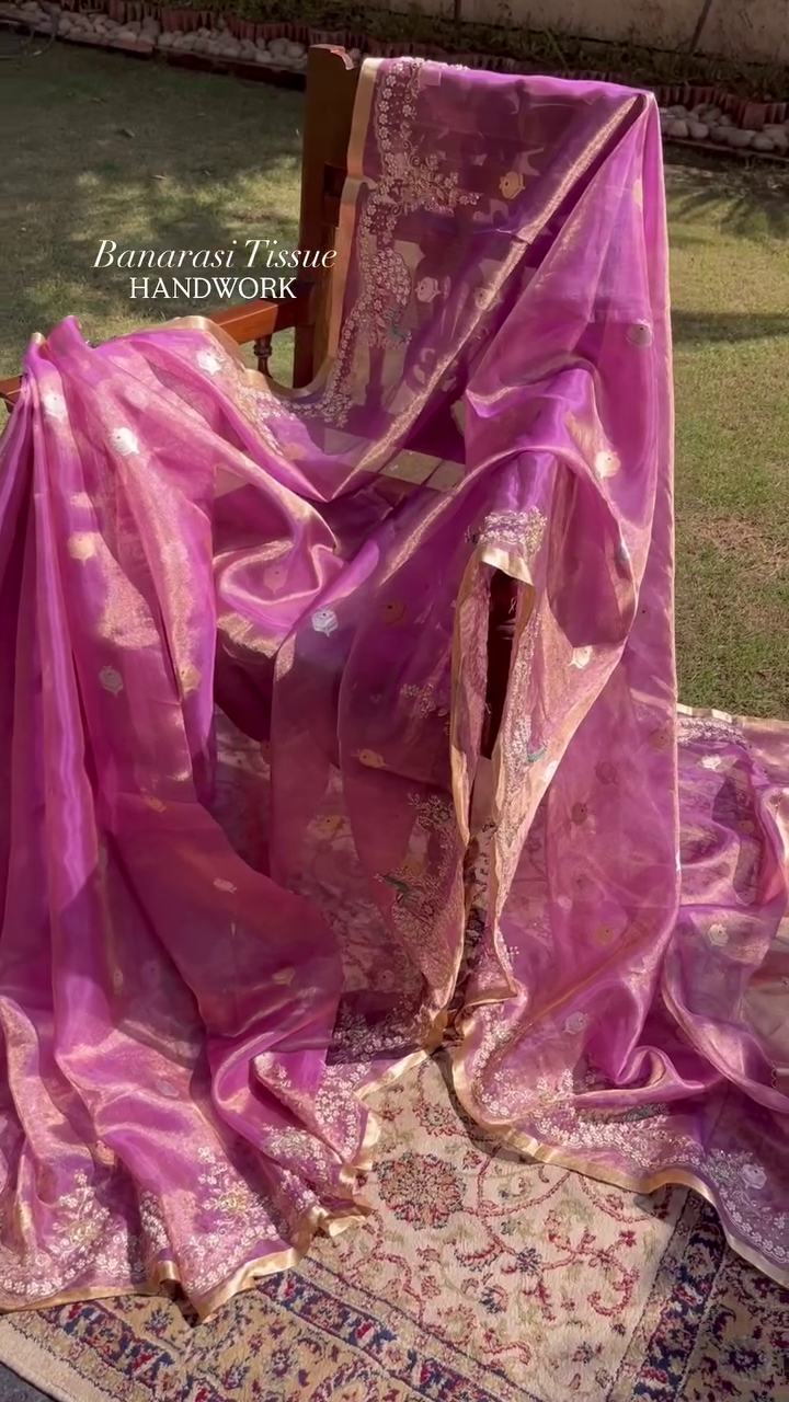 “Royal Orchid Banarasi Tissue Saree ✨ | Handwork Luxury Collection • Lightweight & Elegant • Sizes XXS–XXL”