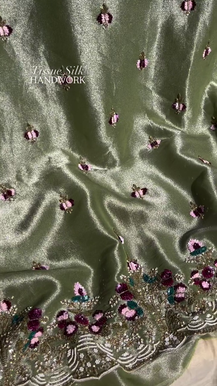 “Celestial Sage Tissue Silk Saree ✨ | Premium Hand Embroidery • Designer Floral Elegance • Available in XXS–XXL”