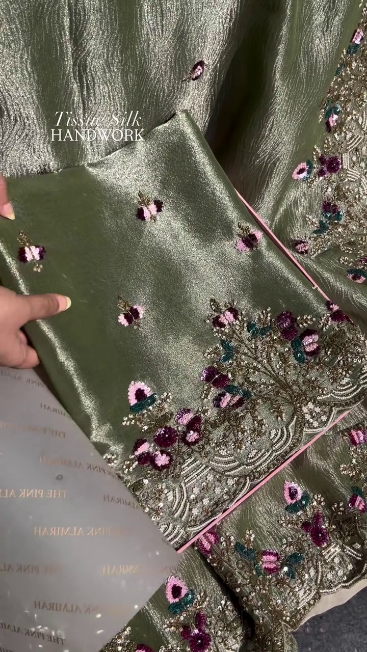 “Celestial Sage Tissue Silk Saree ✨ | Premium Hand Embroidery • Designer Floral Elegance • Available in XXS–XXL”