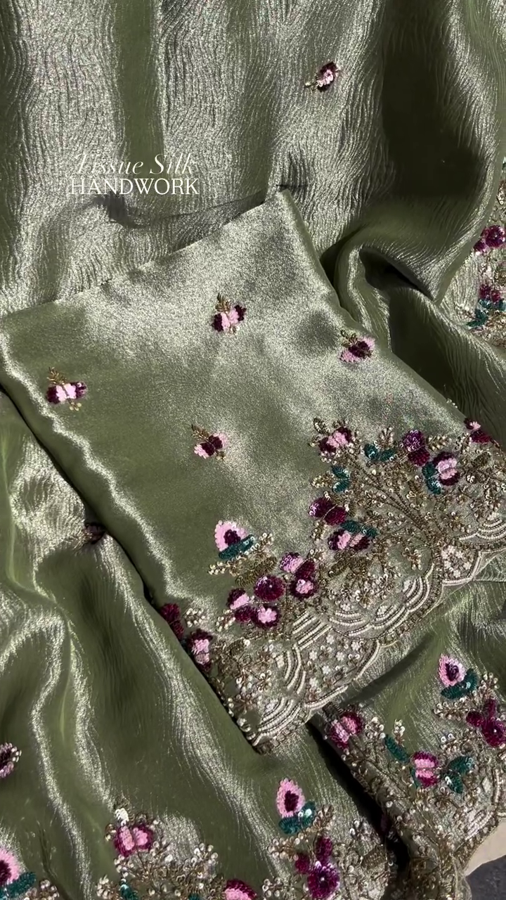 “Celestial Sage Tissue Silk Saree ✨ | Premium Hand Embroidery • Designer Floral Elegance • Available in XXS–XXL”