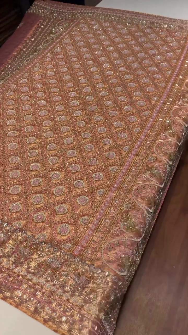 “Royal Rose-Gold Tissue Silk Saree ✨ | Handcrafted Crystal Work • Luxury Designer Collection • Sizes XXS–XXL”