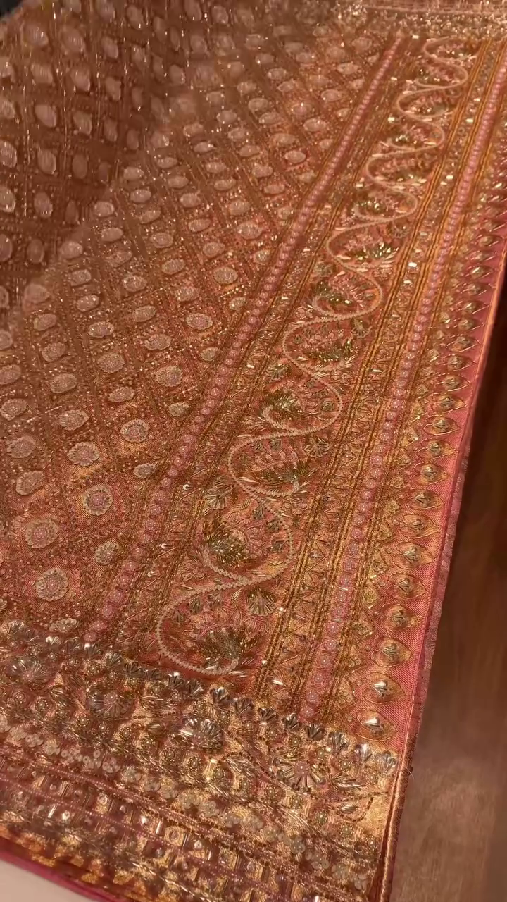 “Royal Rose-Gold Tissue Silk Saree ✨ | Handcrafted Crystal Work • Luxury Designer Collection • Sizes XXS–XXL”