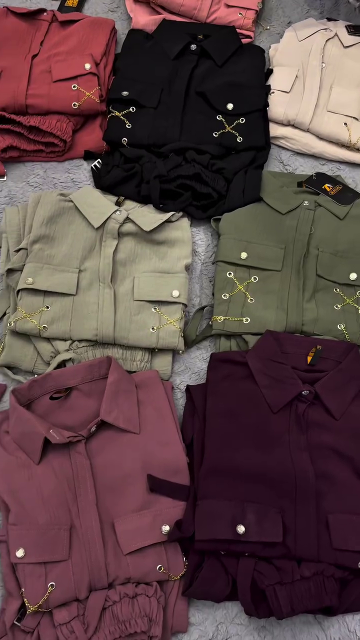 🤍✨ Elegant Utility Co-Ord Set – Chic Chain-Detail Shirt & Cargo Pants ✨🤍