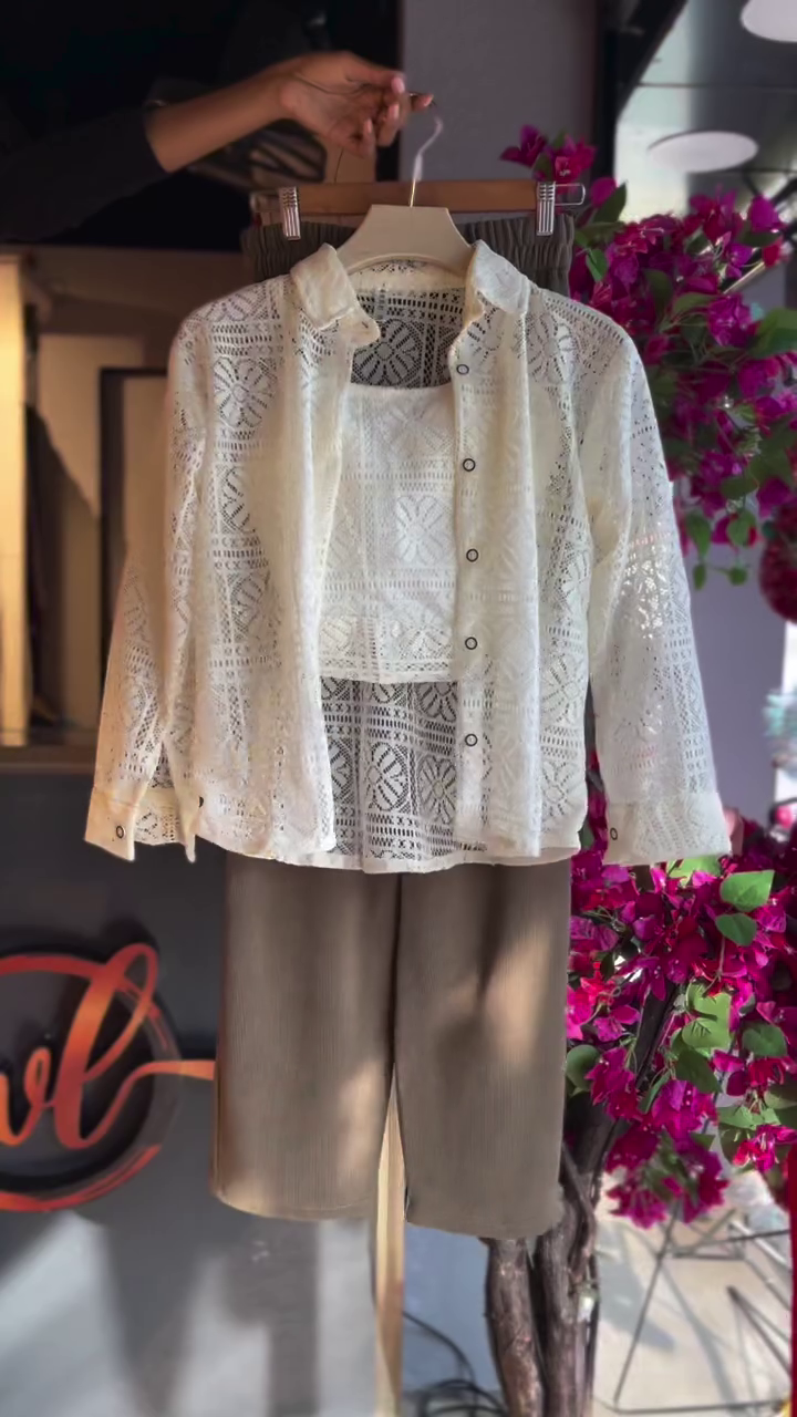 🤍✨ Ivory Grace Lace Co-Ord Set – Elegant Crochet Shirt, Inner Top & Chic Shorts ✨🤍