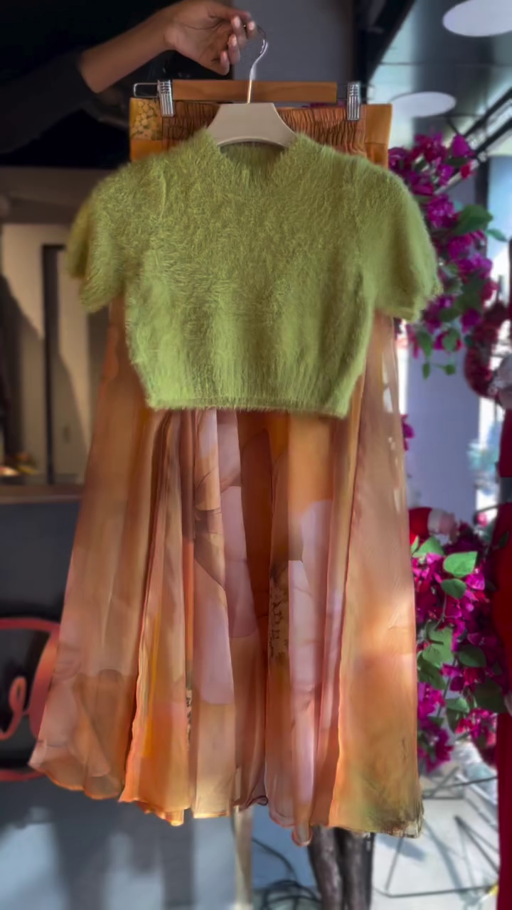 💚✨ Pistachio Dream Layered Co-Ord Set – Fuzzy Crop Knit & Flowing Printed Skirt ✨💚