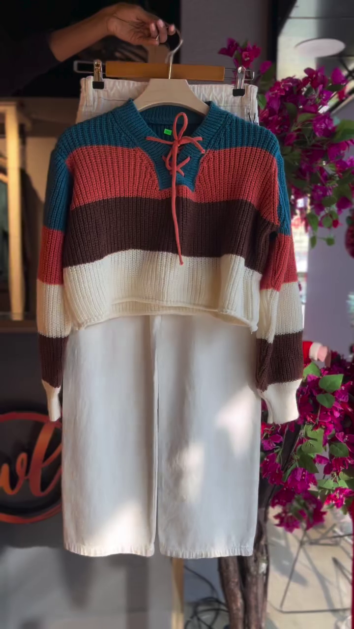 🍂✨ Autumn Harmony Lace-Up Knit Co-Ord Set – Colorblock Crop Sweater & Flowy Skirt ✨🍂