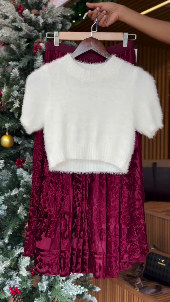 🤍 Snowflake Charm Fuzzy Knit Top with Velvet Skirt Set ✨