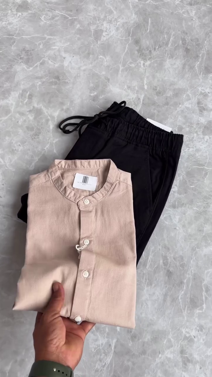 🌿 Blush Breeze Mandarin Shirt & White Comfort Trouser Set – Minimal Elegance, Maximum Style 🌿