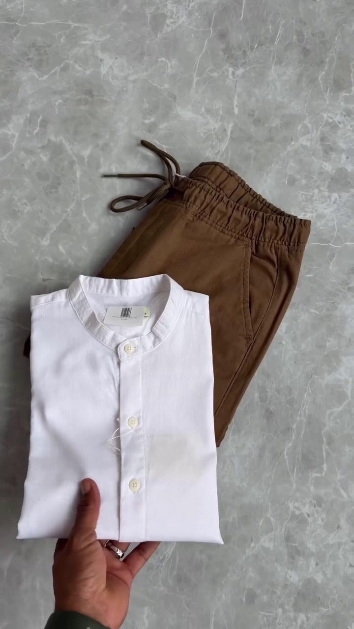 🌿 Blush Breeze Mandarin Shirt & White Comfort Trouser Set – Minimal Elegance, Maximum Style 🌿