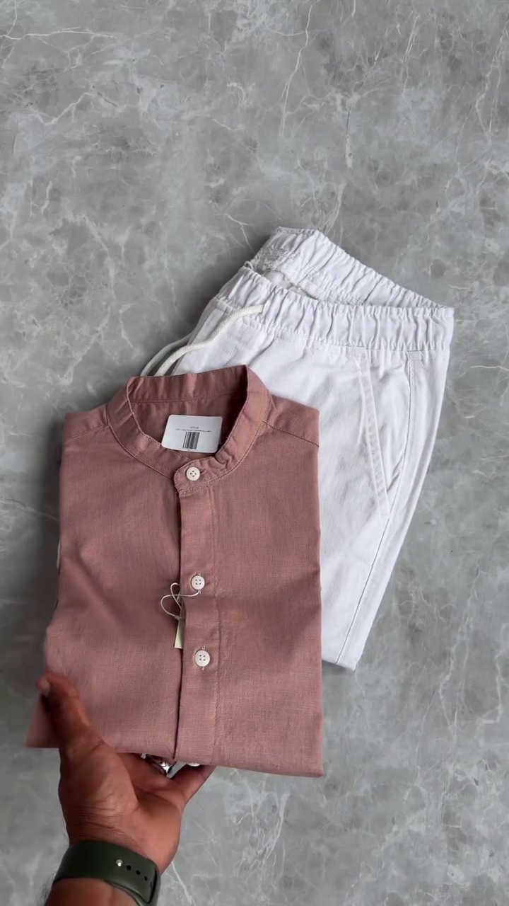 🌿 Blush Breeze Mandarin Shirt & White Comfort Trouser Set – Minimal Elegance, Maximum Style 🌿