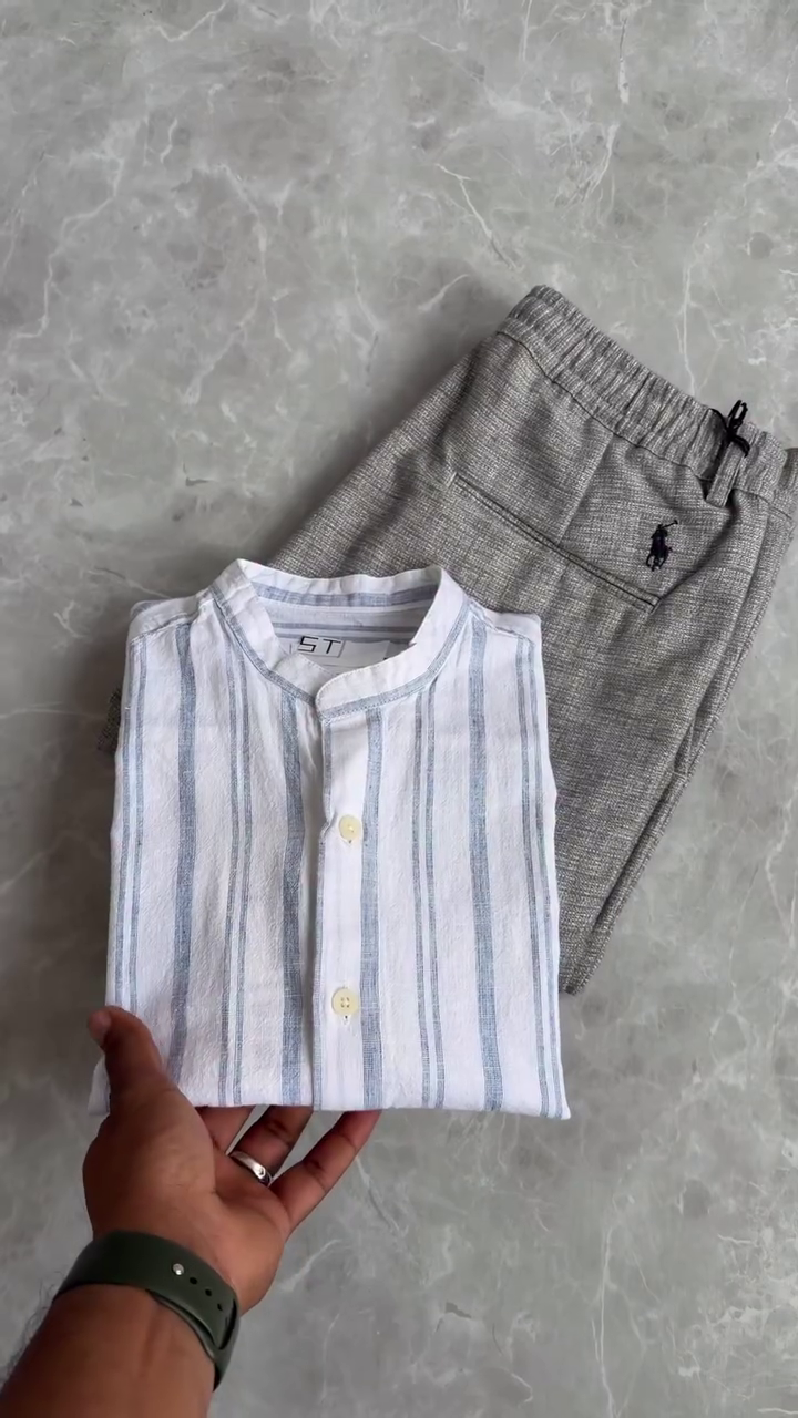 🌊 Coastal Stripe Mandarin Shirt & Textured Comfort Trouser Set – Fresh, Modern & Effortlessly Cool 🌊