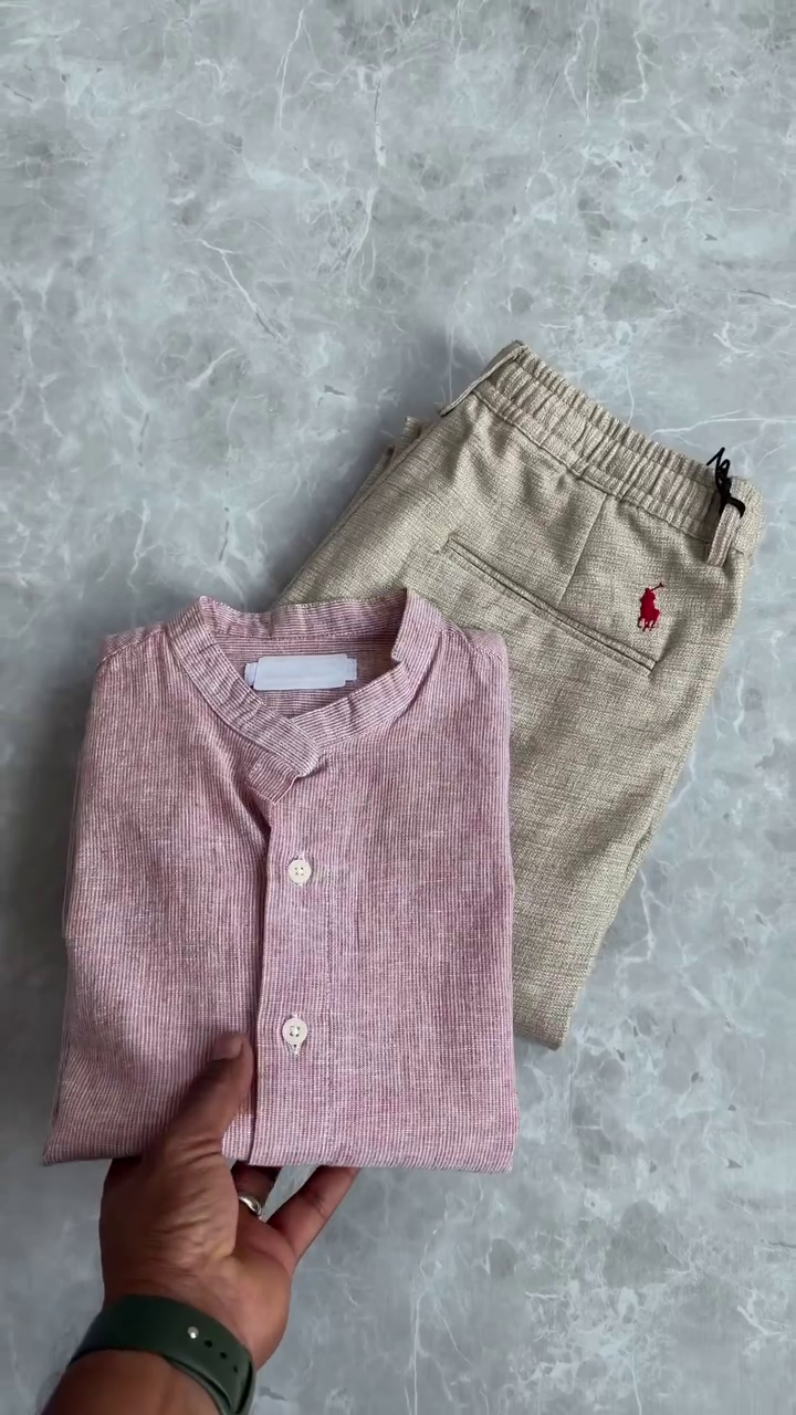 🌊 Coastal Stripe Mandarin Shirt & Textured Comfort Trouser Set – Fresh, Modern & Effortlessly Cool 🌊