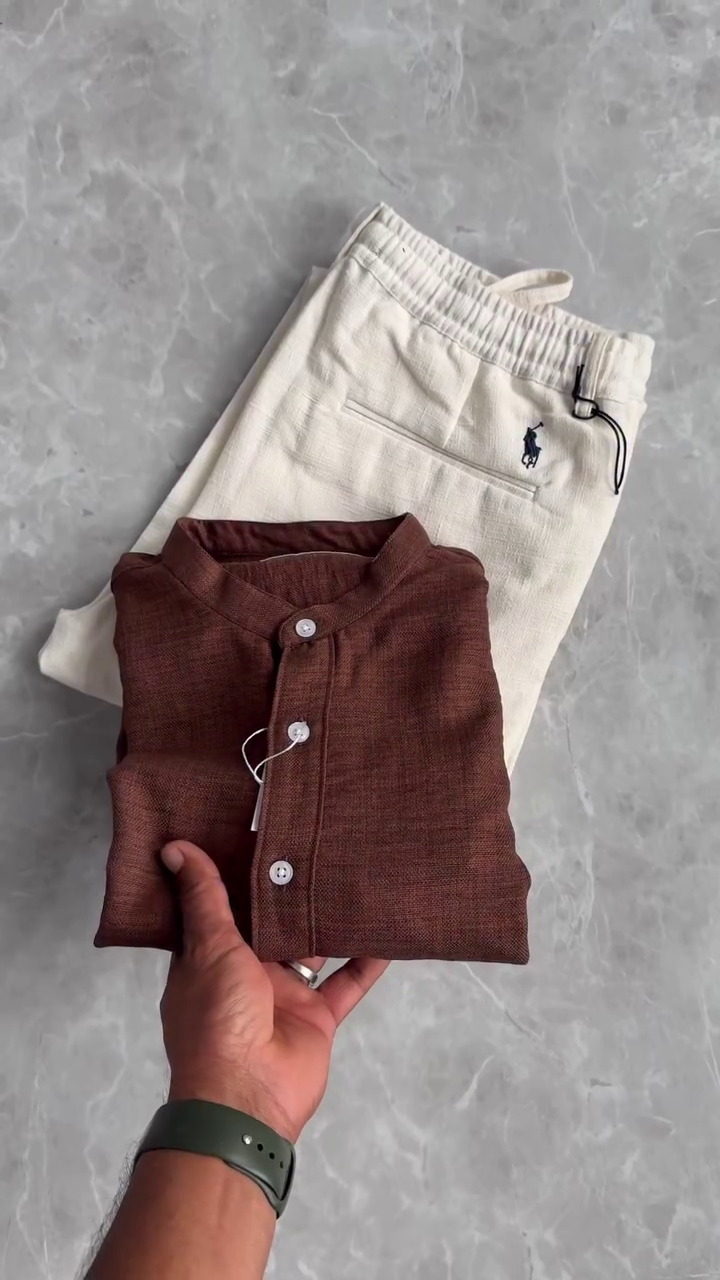 🤎 Earth Luxe Mandarin Shirt & Cream Comfort Trouser Set – Timeless Texture, Modern Confidence 🤍