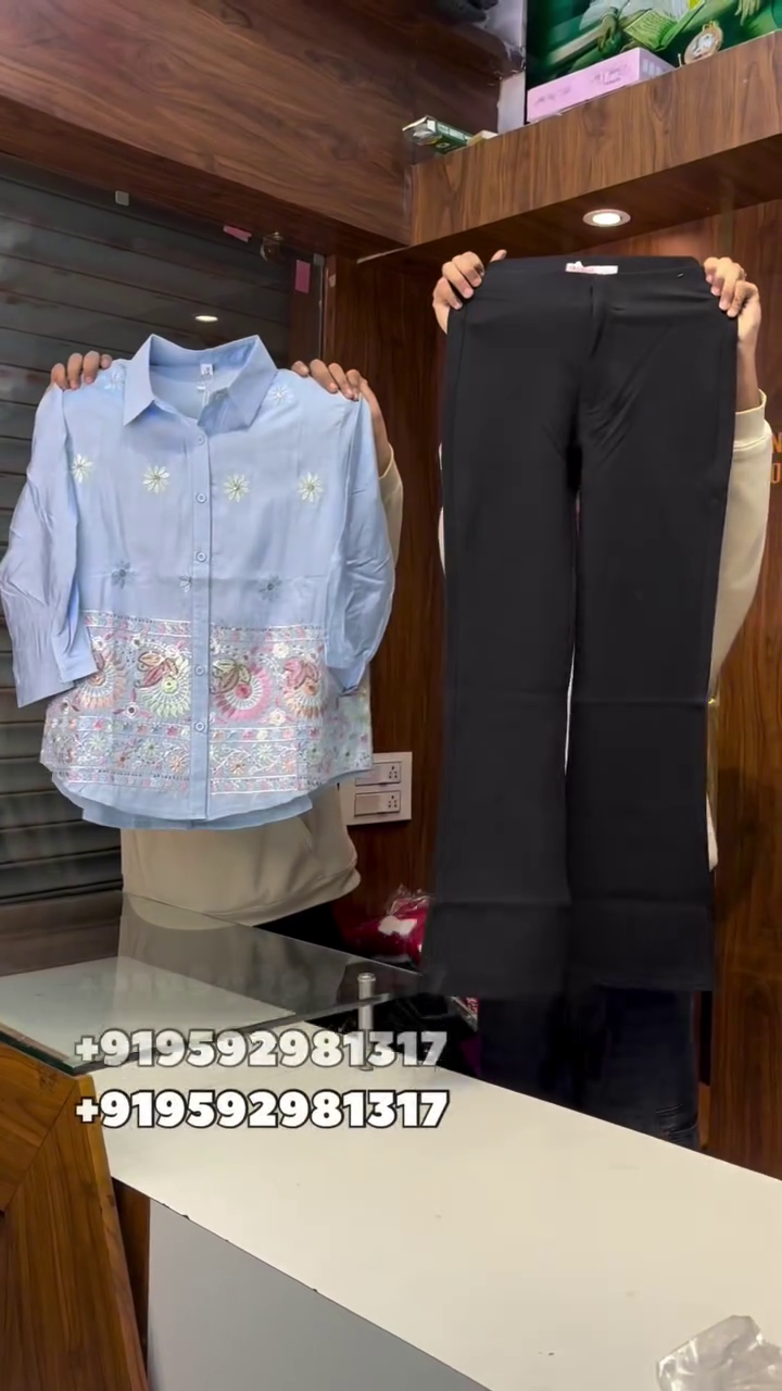 🌼 Pastel Bloom Embroidered Shirt & Classic Trouser Set – Soft Elegance, Everyday Chic ✨