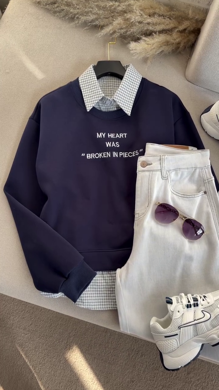 💙 Urban Layered Statement Sweatshirt Set ✨ | Graphic Pullover, Check Shirt & Classic Denim | XXS–XXL