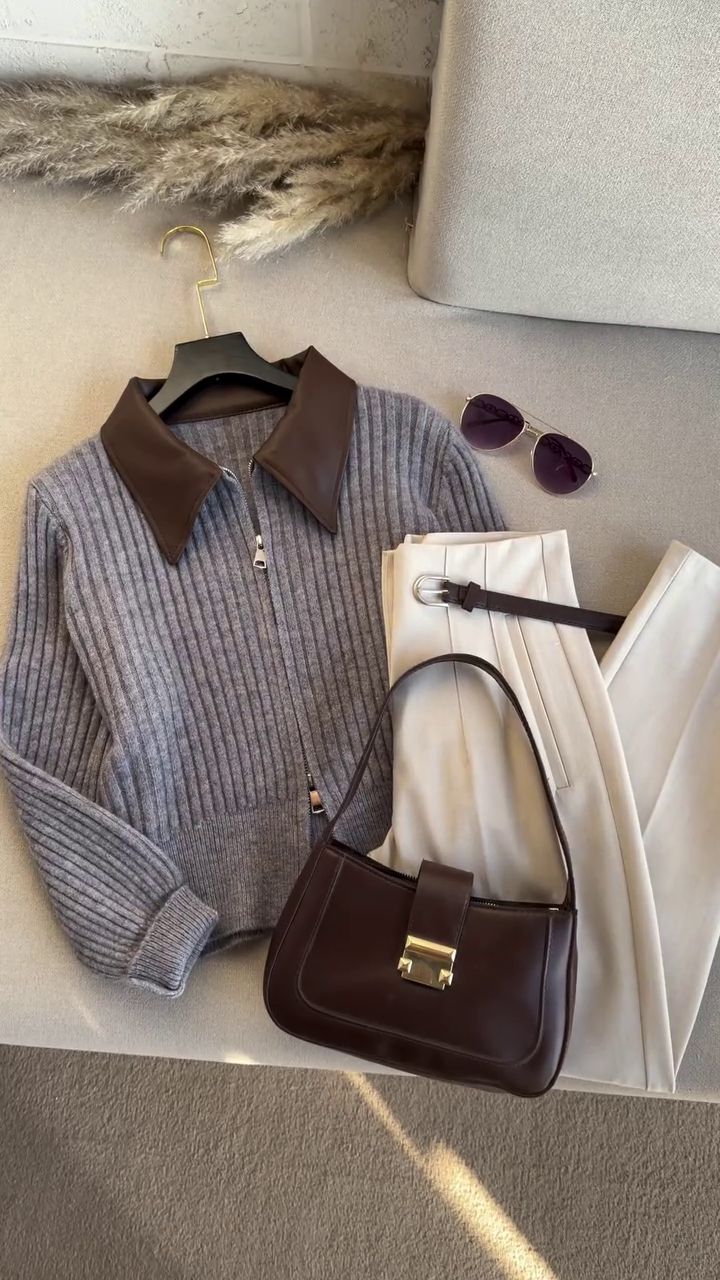 🤎 Autumn Luxe Ribbed Knit & Tailored Trouser Set 🍂 | Zip-Up Sweater with Contrast Collar | XXS–XXL