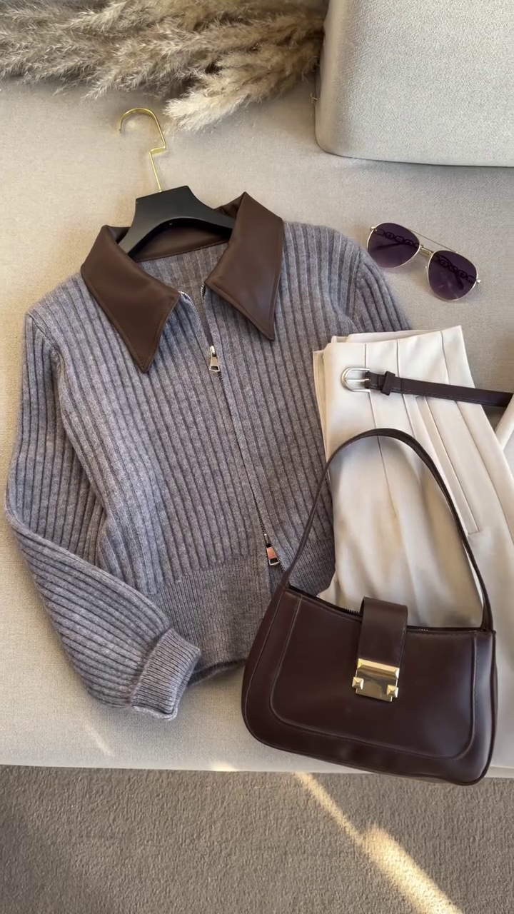 🤎 Autumn Luxe Ribbed Knit & Tailored Trouser Set 🍂 | Zip-Up Sweater with Contrast Collar | XXS–XXL