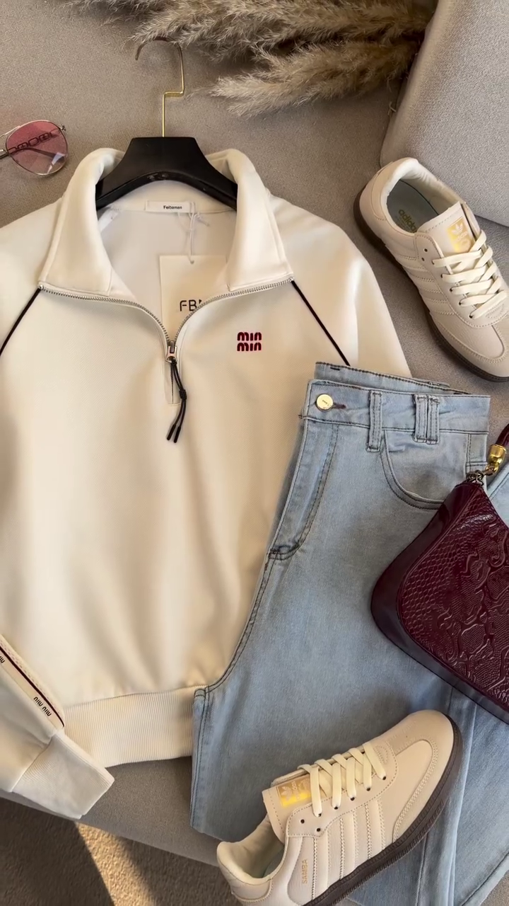 🤍 Everyday Chic Zip-Up Sweatshirt & Denim Set 👖✨ | Minimal Sporty Luxe Look | XXS–XXL