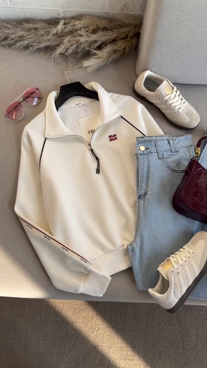 🤍 Everyday Chic Zip-Up Sweatshirt & Denim Set 👖✨ | Minimal Sporty Luxe Look | XXS–XXL