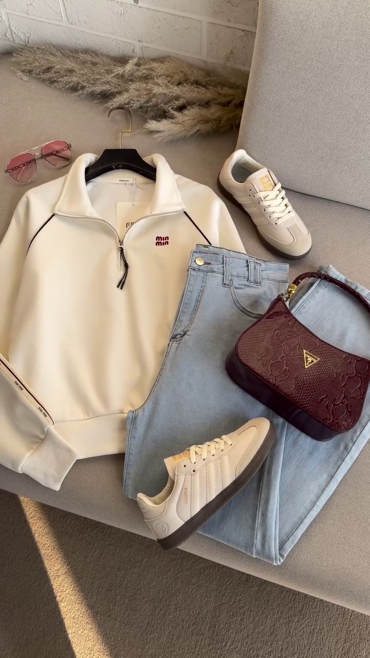 🤍 Everyday Chic Zip-Up Sweatshirt & Denim Set 👖✨ | Minimal Sporty Luxe Look | XXS–XXL