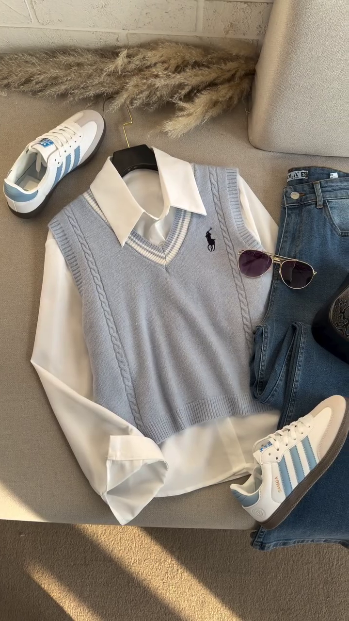 💙 Preppy Breeze Knit Vest & Denim Set 👖✨ | Classic Layered Shirt Look | XXS–XXL