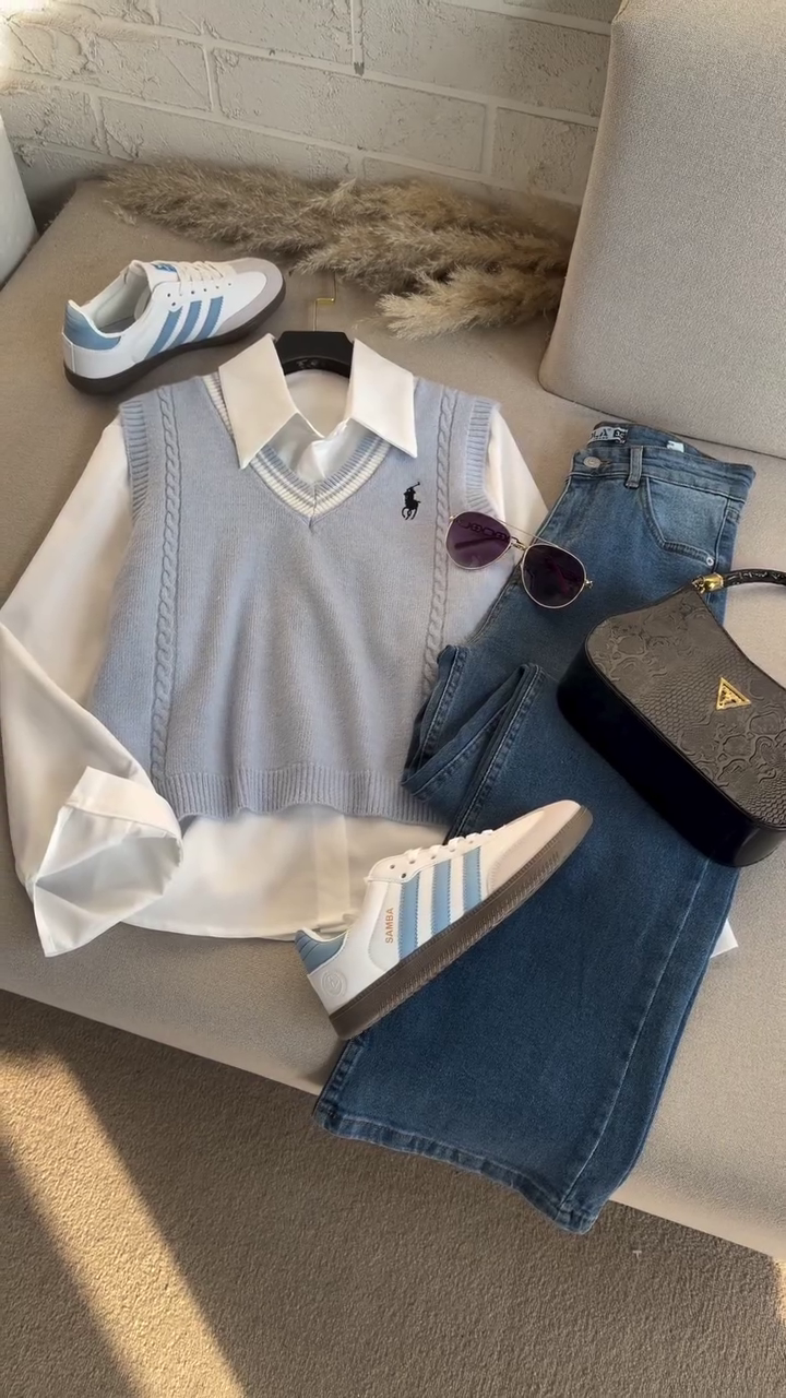 💙 Preppy Breeze Knit Vest & Denim Set 👖✨ | Classic Layered Shirt Look | XXS–XXL