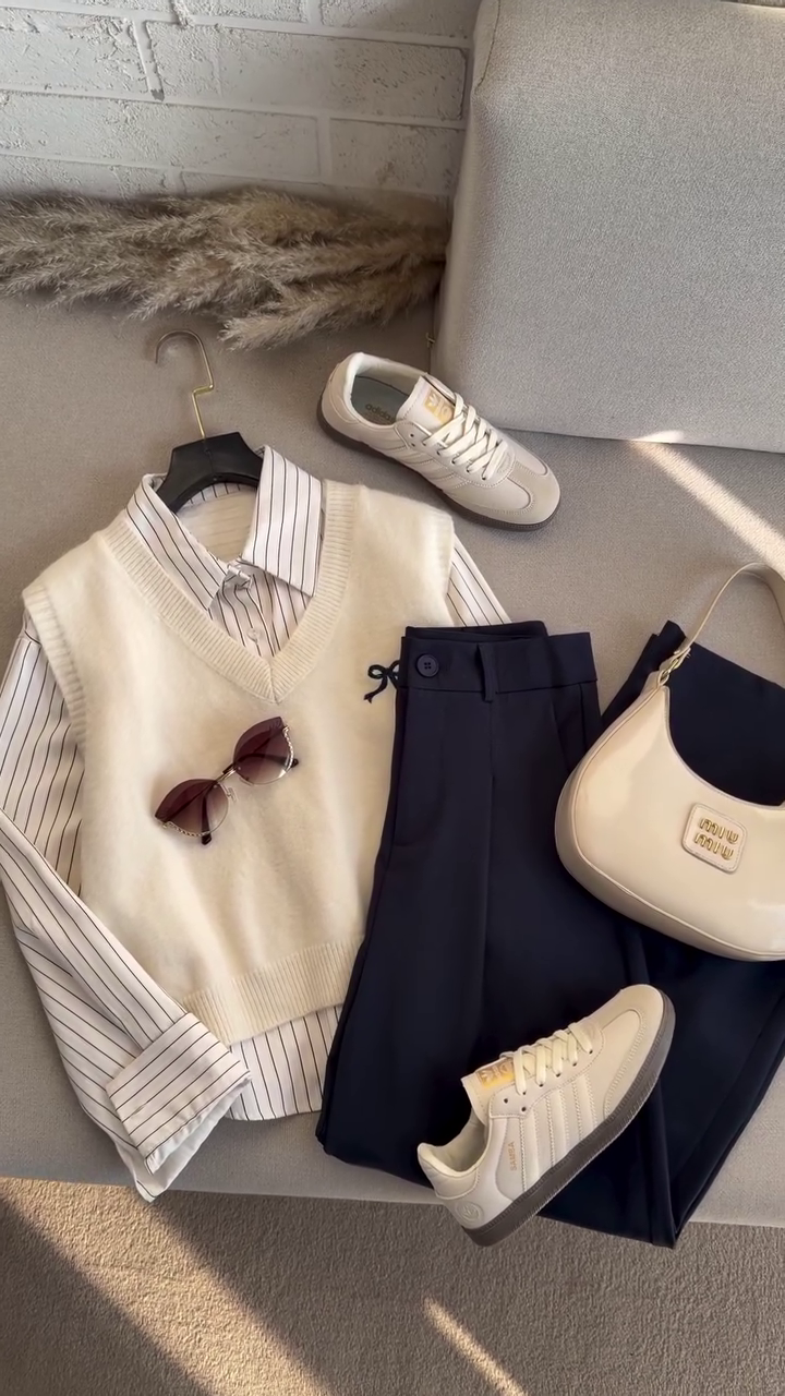 🤍 Classic Ivory Preppy Co-Ord Set ✨ | Knit Vest, Striped Shirt & Tailored Trousers | XXS–XXL