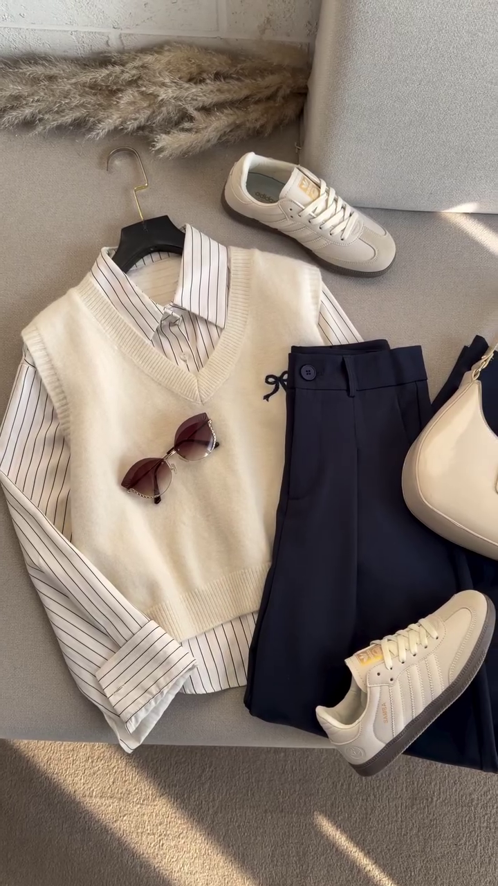 🤍 Classic Ivory Preppy Co-Ord Set ✨ | Knit Vest, Striped Shirt & Tailored Trousers | XXS–XXL
