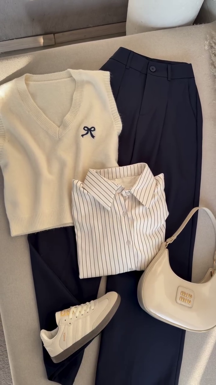 🤍 Classic Ivory Preppy Co-Ord Set ✨ | Knit Vest, Striped Shirt & Tailored Trousers | XXS–XXL