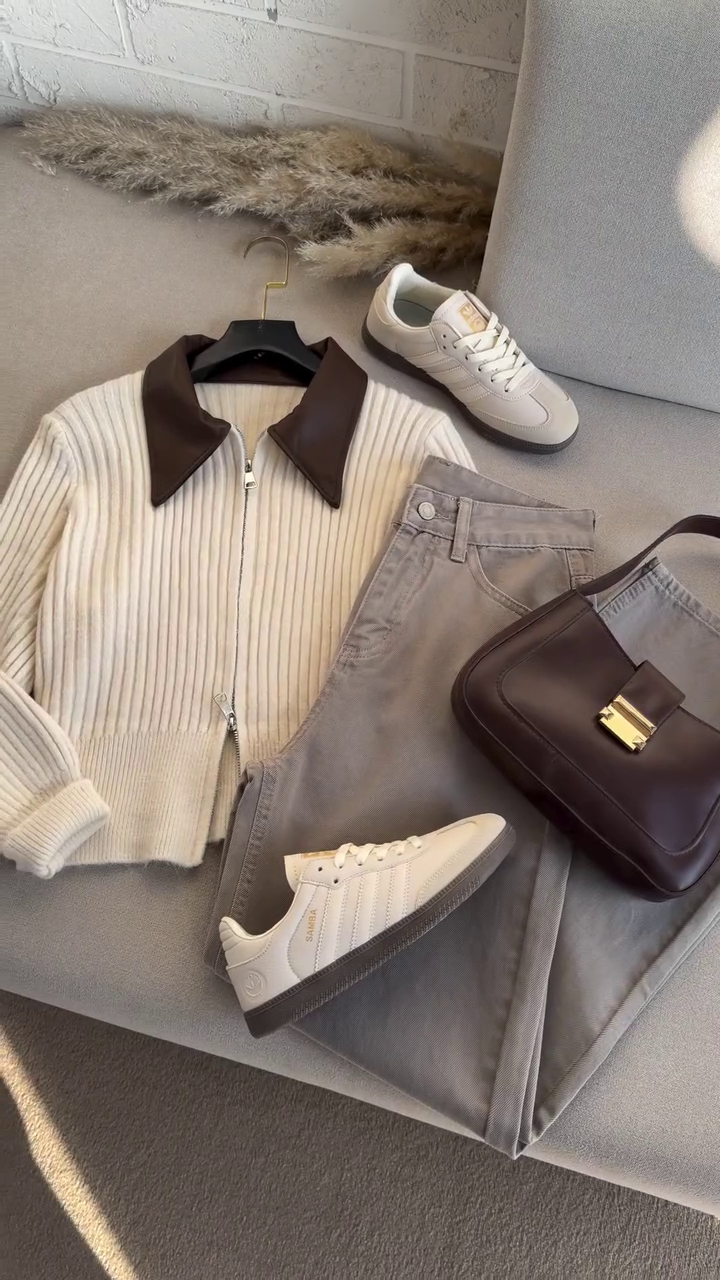 🤎 Modern Heritage Ribbed Knit Co-Ord Set ✨ | Contrast Collar Zip Sweater & Classic Trousers | XXS–XXL