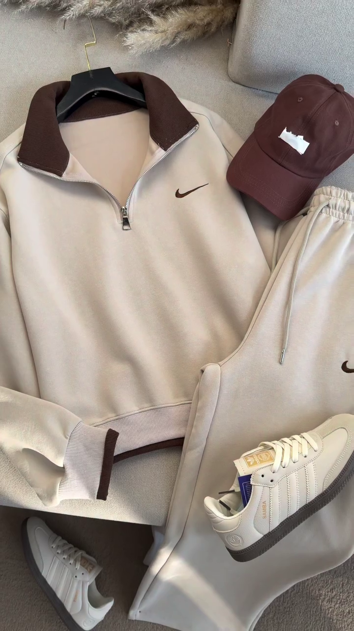 🤎 Cozy Luxe Athleisure Co-Ord Set ✨ | Contrast Collar Zip Sweatshirt & Relaxed Joggers | XXS–XXL