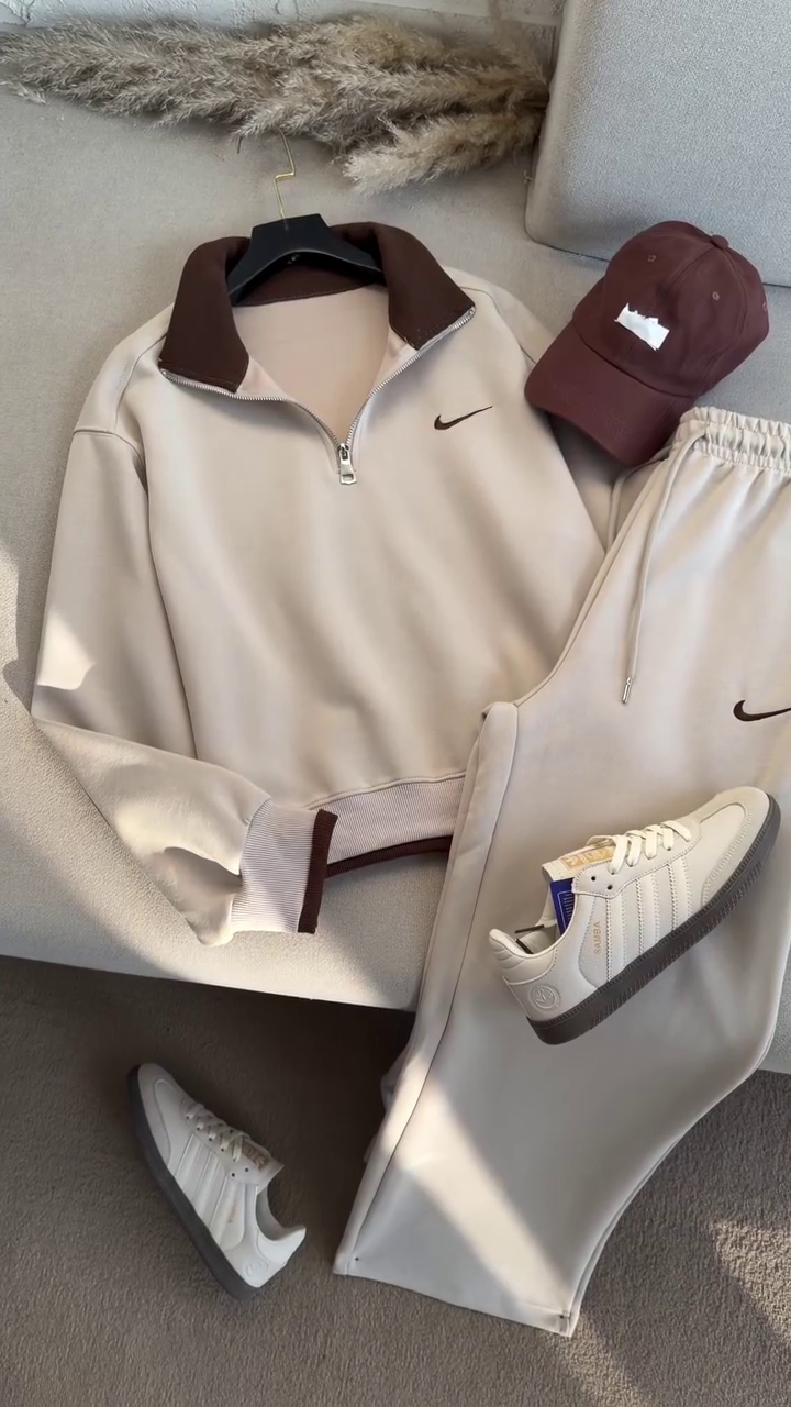 🤎 Cozy Luxe Athleisure Co-Ord Set ✨ | Contrast Collar Zip Sweatshirt & Relaxed Joggers | XXS–XXL