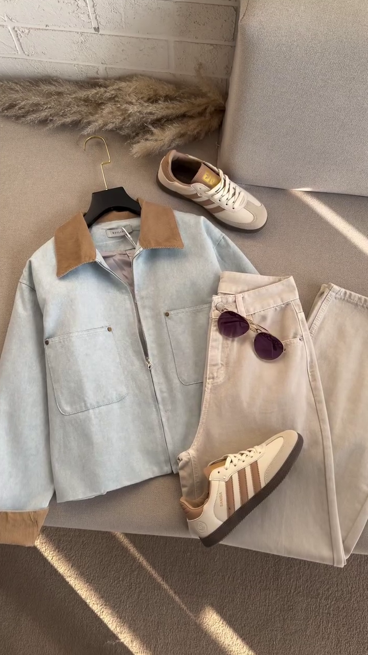 🤎 Soft Denim Contrast Collar Jacket Set ✨ | Casual Chic Layered Look | XXS–XXL