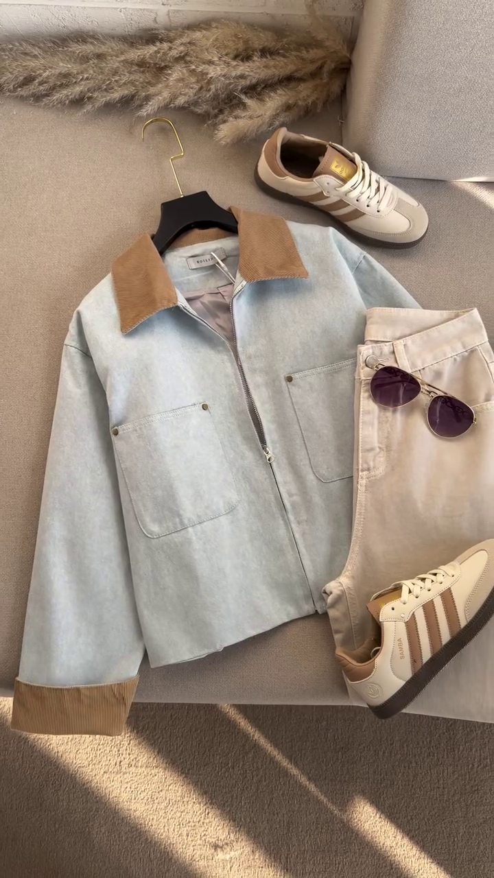 🤎 Soft Denim Contrast Collar Jacket Set ✨ | Casual Chic Layered Look | XXS–XXL