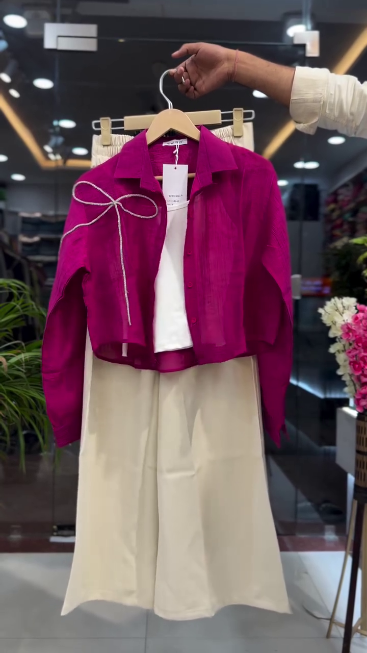 💖 Radiant Charm 3-Piece Co-Ord Set – Sheer Shirt, Inner Top & Flowy Palazzo 💖