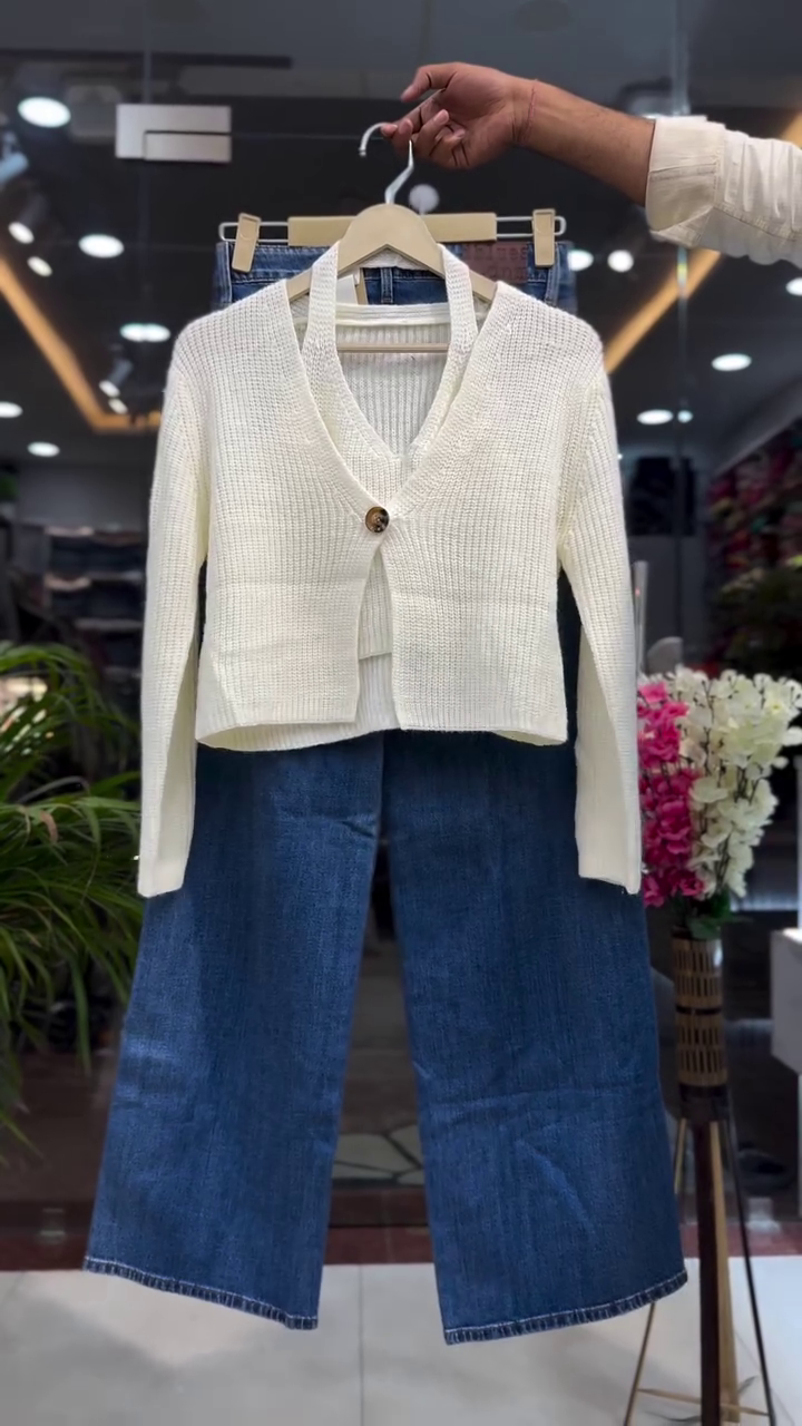 🤍 Cozy Chic Knit 3-Piece Set – Textured Cardigan, Inner Top & Wide-Leg Denim 🤍