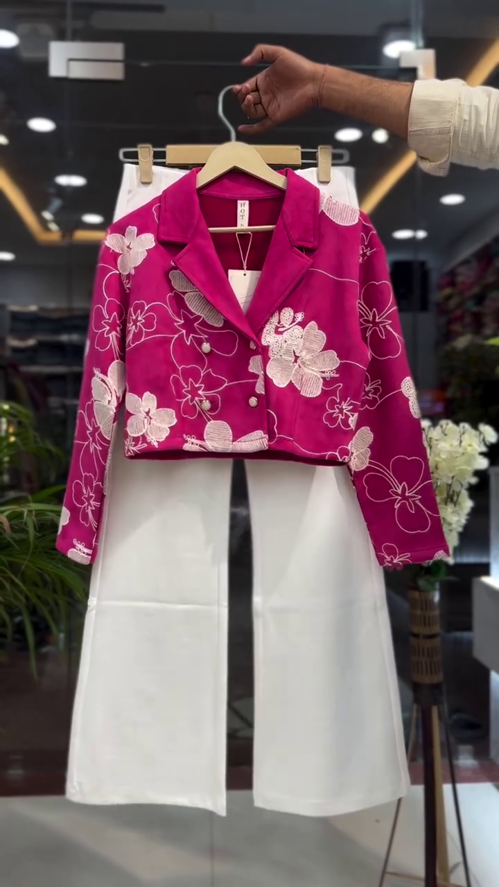 🌸 Blossom Luxe Co-Ord Set – Embroidered Cropped Blazer & Wide-Leg Palazzo 🌸