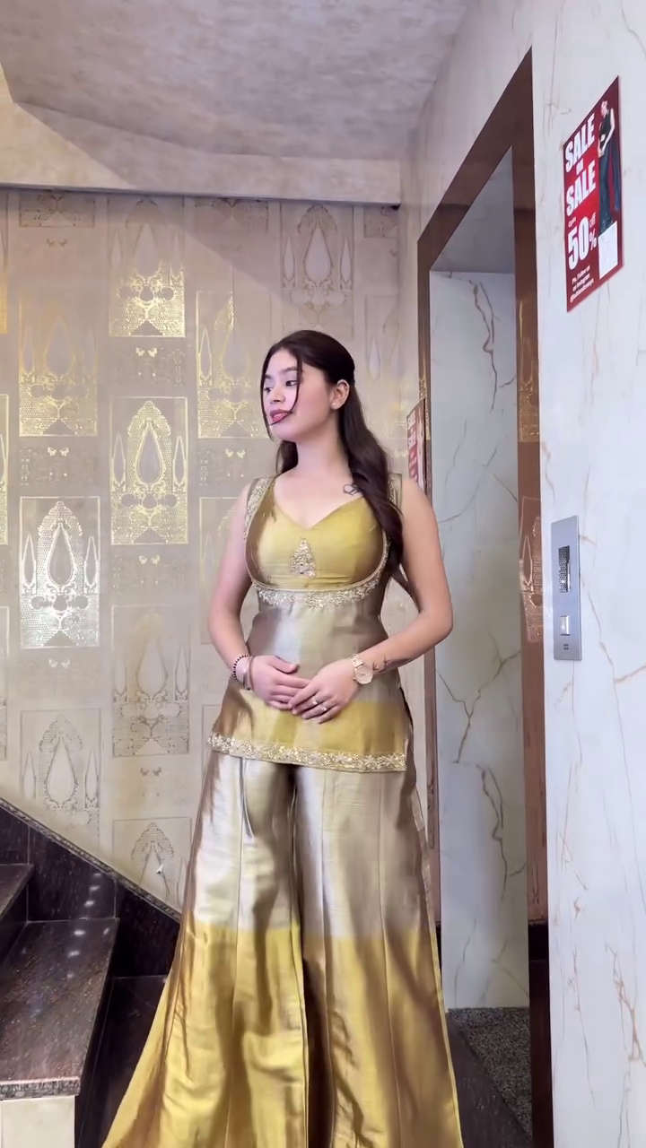 ✨ Golden Radiance Designer Peplum Palazzo Set – Luxe Festive Glam ✨