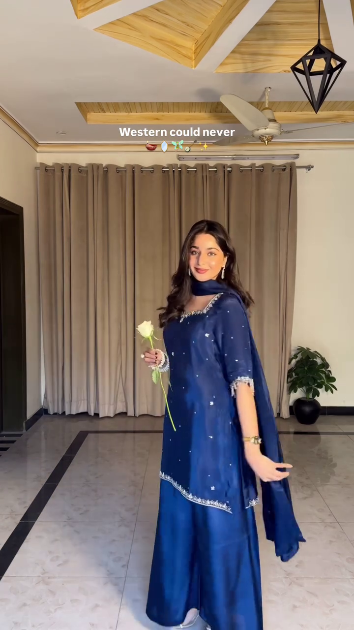 💙 Midnight Noor Silk Kurta Palazzo Set – Timeless Ethnic Elegance 💙