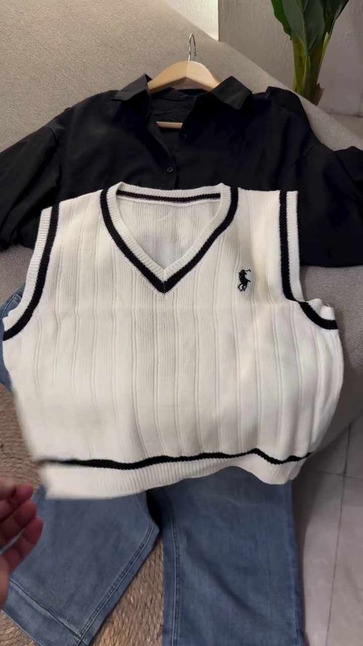 🖤 Chic Layered Street-Style Set – Classic Shirt, Denim & Knit Vest Combo (XXS–XXL) ✨